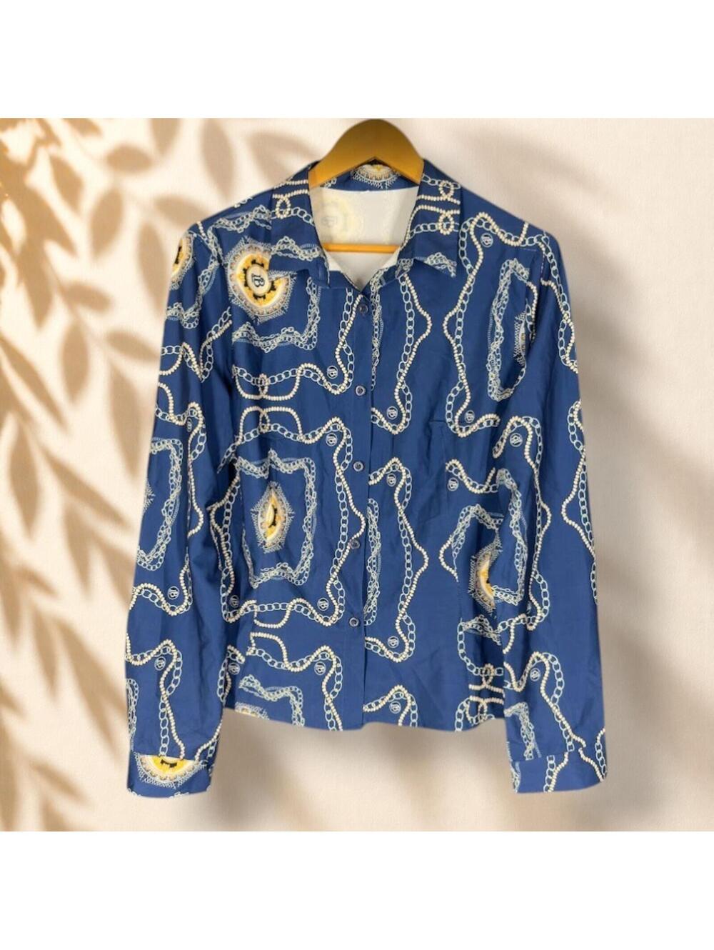 Unbranded Shirt Women 2XL Blue Geometric Button Up Collared Long Sleeve Casual
